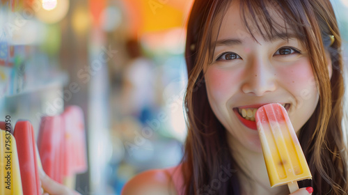 A beautiful Japanese woman with a sweet smile and sparkling eyes happily enjoys an ice cream popsicle with great joy. Ai generated Images