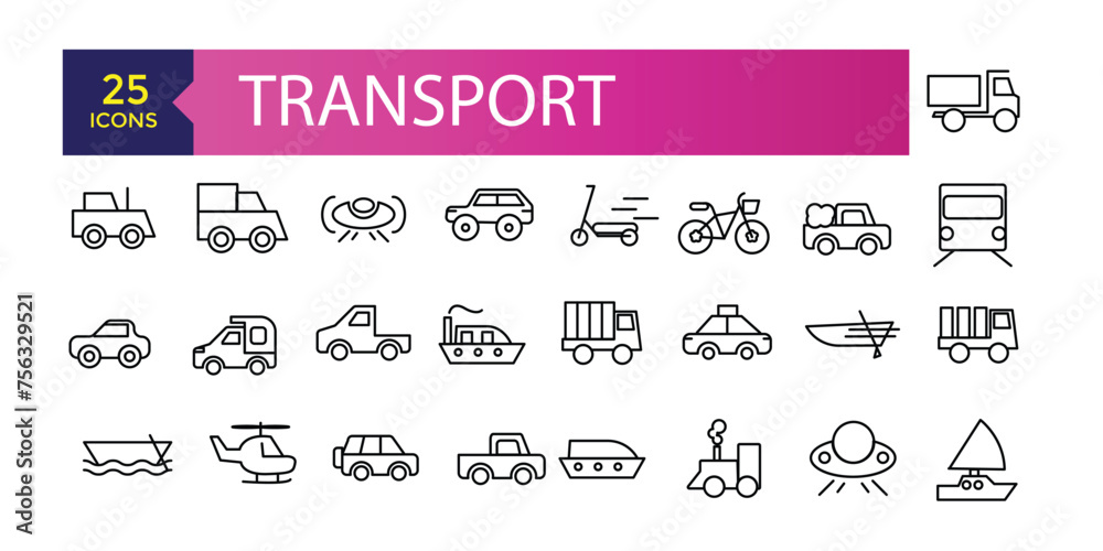 Simple Set of Transport Related Vector Line Icons. Contains such Icons as Taxi, Train, Tram and more. Traffic vector line icons set.