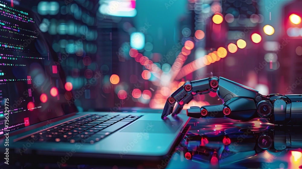Robot hand typing on laptop keyboard background.