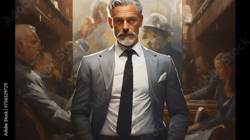 In stunning detail, a seasoned businessman consultant's portrait radiates success and authority, his gaze commanding attention as he exudes confidence against a backdrop of polished sophistication