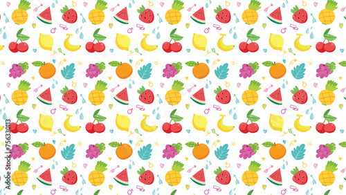 Fruits Seamless Pattern background with watermelon, pineapple, grape, leaf vector illustration