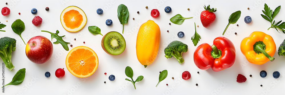 white background, marketing material, healthy food, fresh fruit and vegetables, 