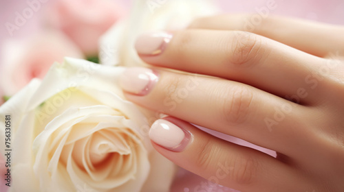 Beautiful womans nails with french manicure and rose