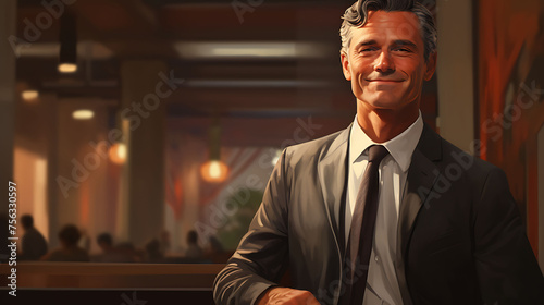 A seasoned businessman consultant's portrait captures the essence of success, his smile conveying warmth and accomplishment, bathed in soft, flattering light