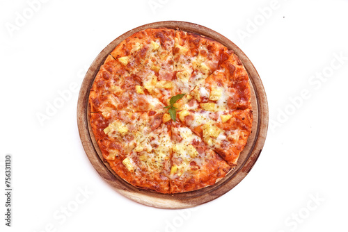 Topview Pizza Hawaiian on a wooden platter. White background