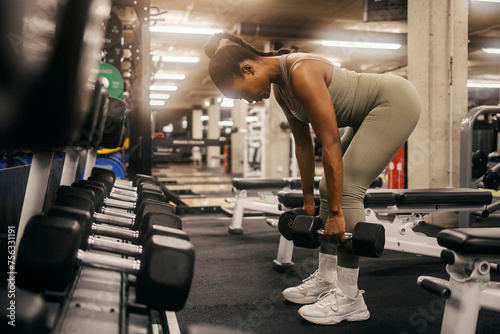 A strong powerful black sportswoman is doing dead lifts with dumbbells at the gym. photo