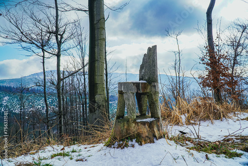 Obraz na płótnie Góry, krzesło wyrzeźbione w pniu drzewa. Beskid Śląski w Polsce w salonie