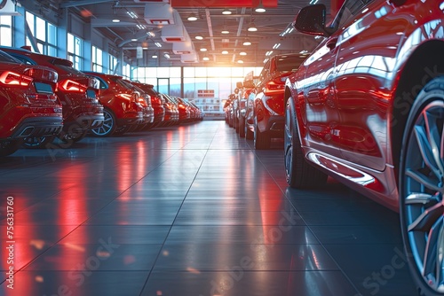 A row of red cars are parked in a showroom © Vasili