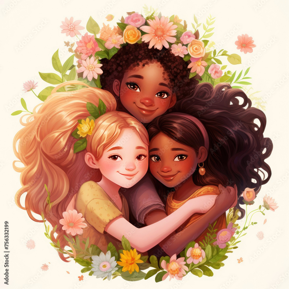Illustration of girls of different nations embracing. Friendship of peoples, unity Illustration of girls of different nations embracing. Friendship of peoples, unity