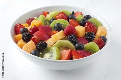 A bowl of fruit salad with a variety of fruits including kiwi, strawberries