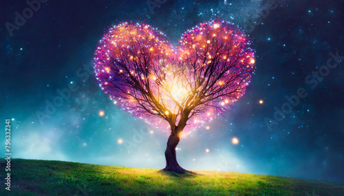 Glowing heart-shaped tree on meadow. Starry sky. Love, Valentine's Day, romantic © hardvicore