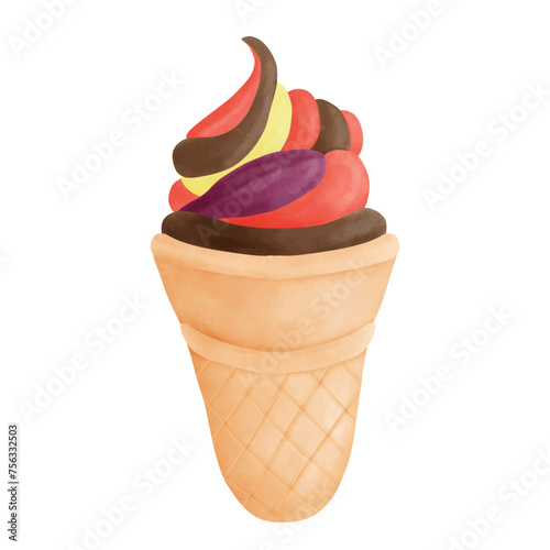 Ice cream Cone. Symbol of Freshness and Happiness.  Watercolor Ice cream Cone on White Background.  Vector illustration.