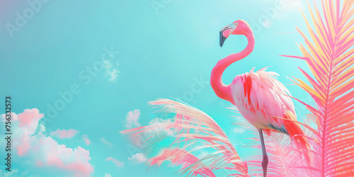 Pink flamingo on a turquoise blue background. Summer vacation colorful tropical background in pastel bright colors.  photo
