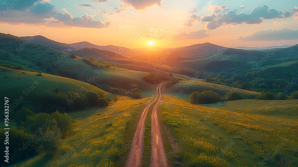 Aerial view of road in green meadows at sunset in summer. mountains, forest. Beautiful landscape with roadway, sun rays, trees, hills, green grass, clouds 