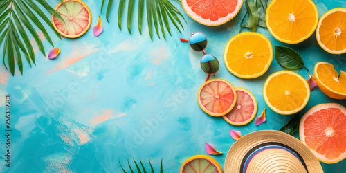 Straw hat, sunglasses, citrus slices and palm leaves. Summer vacation colorful tropical background in pastel bright colors. Sunglasses, palm leaves and citrus slices