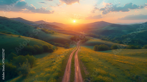 Aerial view of road in green meadows at sunset in summer. mountains, forest. Beautiful landscape with roadway, sun rays, trees, hills, green grass, clouds 