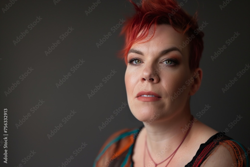 A portrait of a person with red hair and striking makeup, looking off to the side A portrait of a person with red hair and striking makeup, looking off to the side