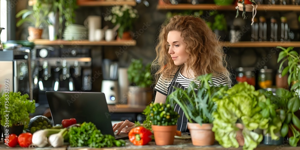 beautiful young woman at a table with vegetables and a laptop in a modern kitchen. Concept Lifestyle Photography, Healthy Eating Habits, Modern Kitchen, Vegetable Cooking, Technology in Kitchen