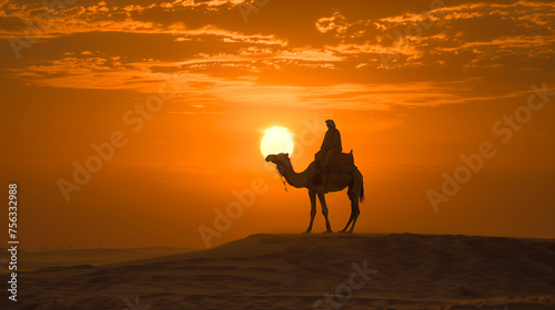 A man rides a camel in the desert with a round sunset in the background. Ai generated Images