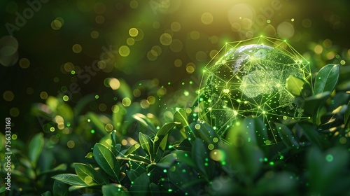 globe hologram light effects in green nature with the icon of Environment. Technology Environment for sustainable business on green company Concept.