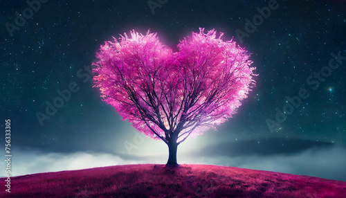 Beautiful pink heart-shaped tree on meadow. Starry sky. Fantasy world. Love, Valentine's Day © hardvicore