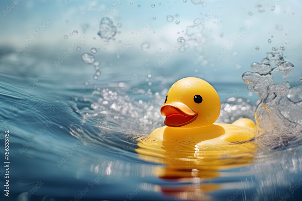 Yellow rubber duck floating on blue water on a hot summer day. Ai Generative Yellow rubber duck floating on blue water on a hot summer day. Ai Generative