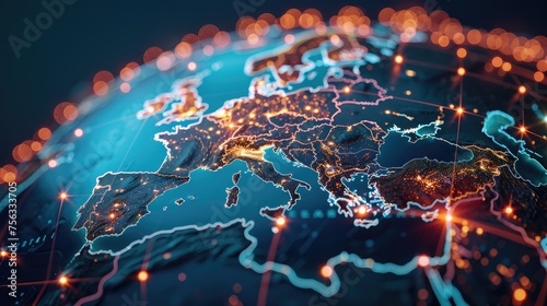 Concept of global network and connectivity on Earth, centered on Europe. Data transfer and cyber technology, information exchange and international telecommunication.