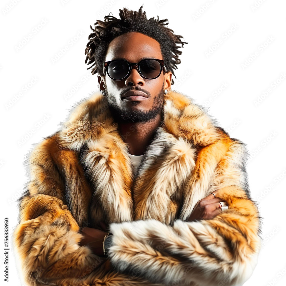 Front view mid body shot of an extremely handsome male African model wearing a fox fur coat with sunglasses on a white transparent background Front view mid body shot of an extremely handsome male African model wearing a fox fur coat with sunglasses on a white transparent background