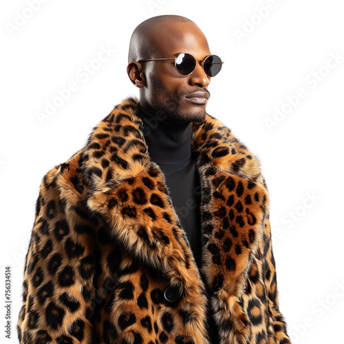 Front view mid body shot of an extremely handsome male African model wearing a cheetah fur coat with sunglasses on a white transparent background