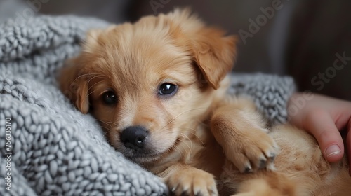 A small brown puppy is laying on a blanket, looking up at the camera