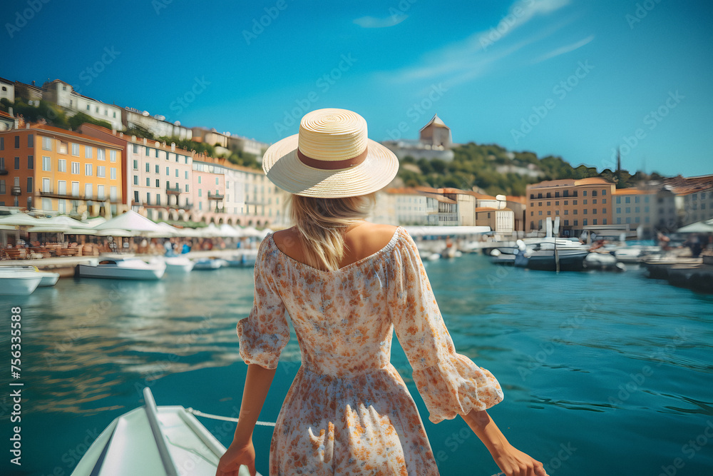 A woman in a sun hat stands on a boat in azure waters