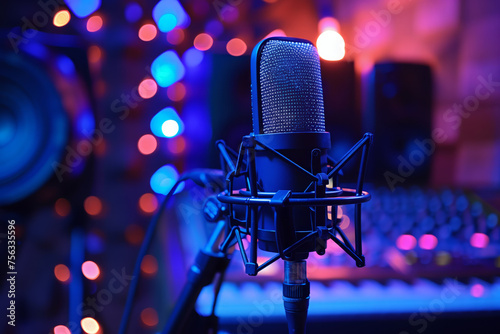 Studio microphone with colorful bokeh backdrop