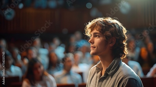 A man with long hair is sitting in a crowded auditorium