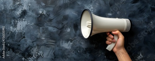 Hand gripping a megaphone ready for announcement . Concept Communication, Announcement, Loudspeaker, Public Speaking, Attention photo
