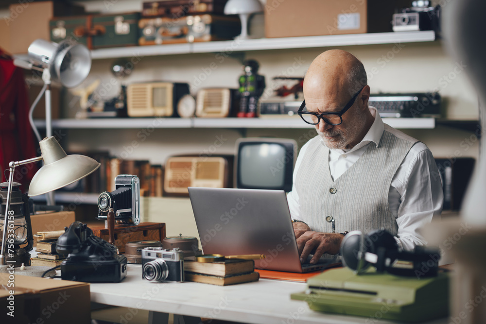 Business owner selling vintage objects online