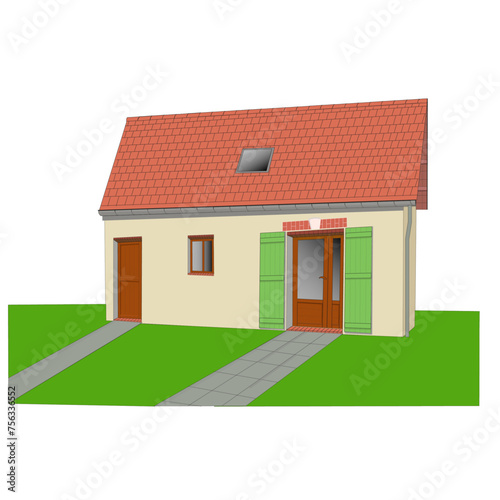 Modèle de maison de campagne sur fond de ciel bleu, avec pelouse au premier plan	