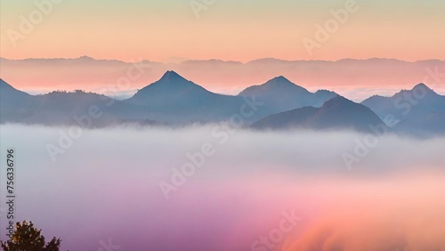 Mountain range with visible silhouettes through the morning colorful fog. © Emil