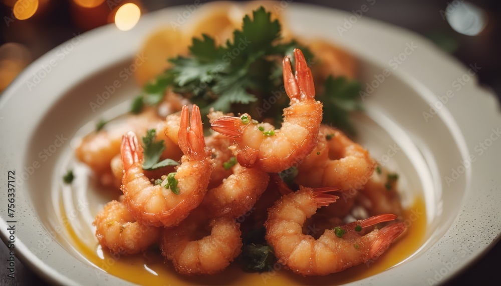 Deep fried shrimp with some garnish on top Deep fried shrimp with some garnish on top