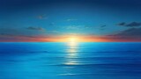 A background featuring a blue ocean with the sun setting or rising