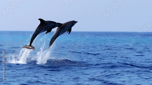 Two Dolphins Jumping Out of the Water. Generative AI. © Галя Дорожинська