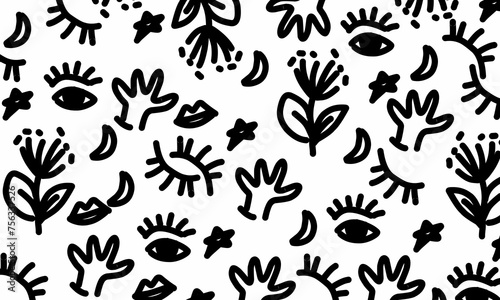Abstract hand drawn floral, stars, moon, eyes and lips doodle background. black and white hand drawn doodle art banner