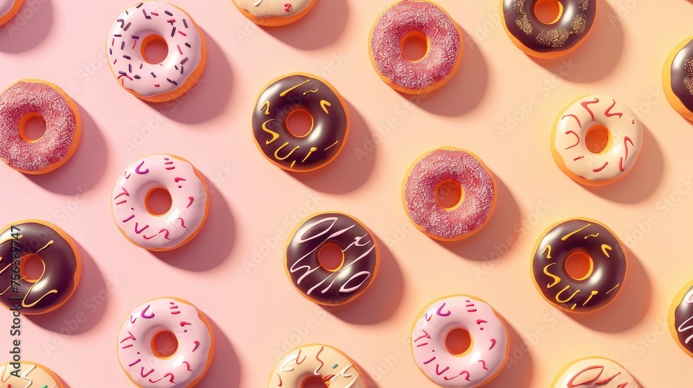 Donuts pattern in shadow play style, pastel colored background, isometric, top view
