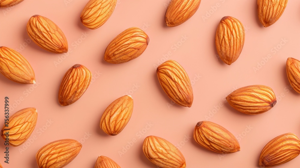 Realistic almonds apart from each other photo pattern, flat color background, isometric, view from top, bird eye view, professional studio shoot Realistic almonds apart from each other photo pattern, flat color background, isometric, view from top, bird eye view, professional studio shoot