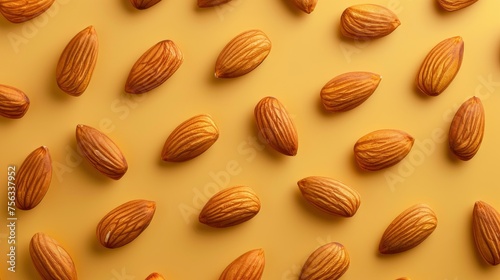Realistic almonds apart from each other photo pattern, flat color background, isometric, view from top, bird eye view, professional studio shoot