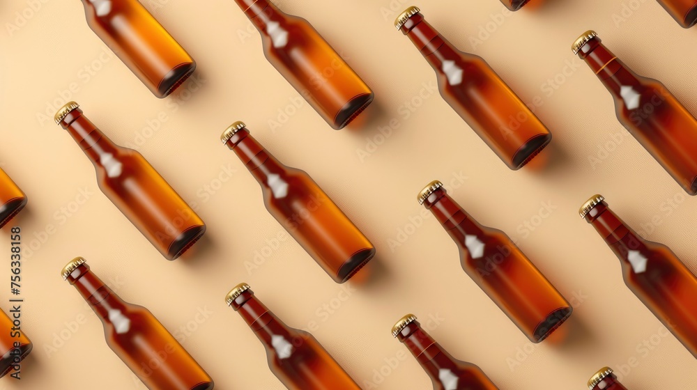 Realistic beer bottles apart from each other photo pattern, flat color background, isometric, view from top, bird eye view, professional studio shoot Realistic beer bottles apart from each other photo pattern, flat color background, isometric, view from top, bird eye view, professional studio shoot