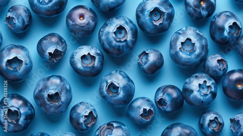 Realistic blueberries apart from each other photo pattern  flat color background  isometric  view from top  bird eye view  professional studio shoot