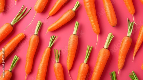 Realistic carrots apart from each other photo pattern, flat color background, isometric, view from top, bird eye view, professional studio shoot 