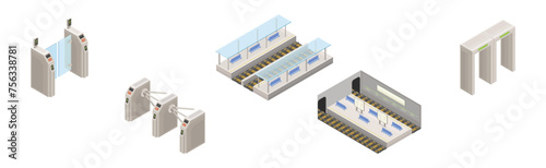 Isometric Metro Station with Platform and Turnstile Vector Set