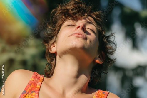 A person bathed in sunlight, head tilted back, enjoys the warmth, eyes closed