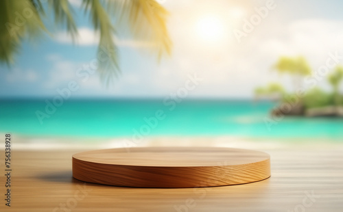 Wooden podium for product display on the table with blurred beach